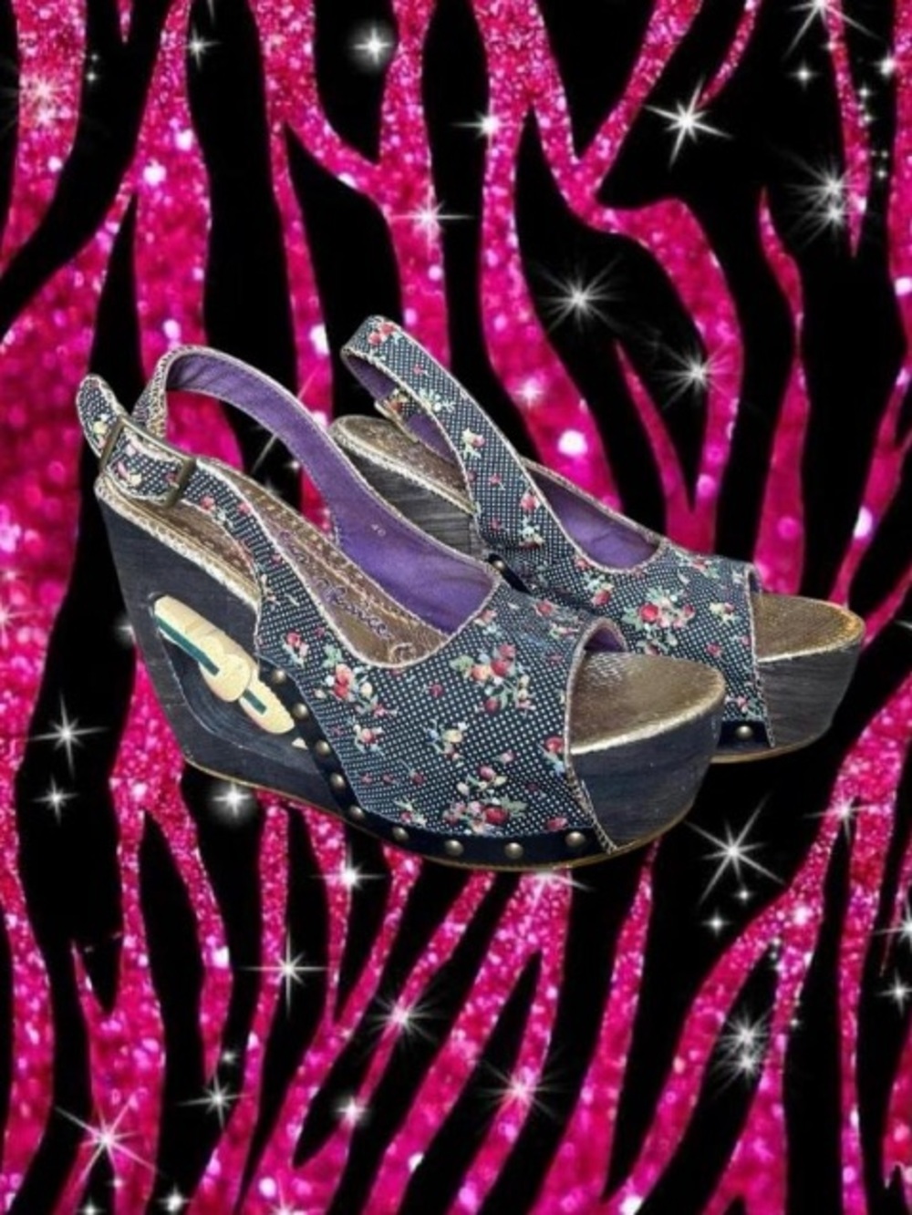 Irregular Choice Wood Wedge Strawberry Polka dot Sandals with Heart